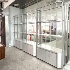 造型長八邊形白框玻璃層板底櫃架