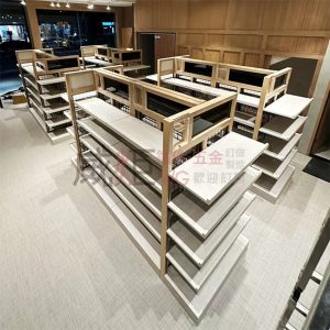 複合式木製框井字背網陳列底櫃中島架(磁性POP板)